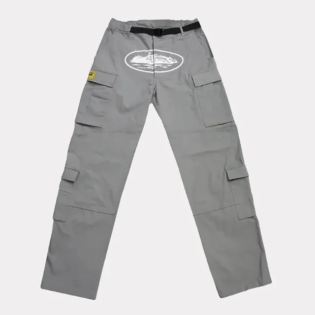 a pair of grey pants with a white design