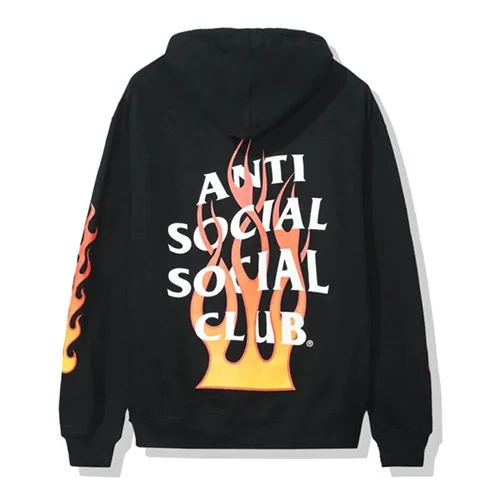 a black hoodie with white text and flames on it